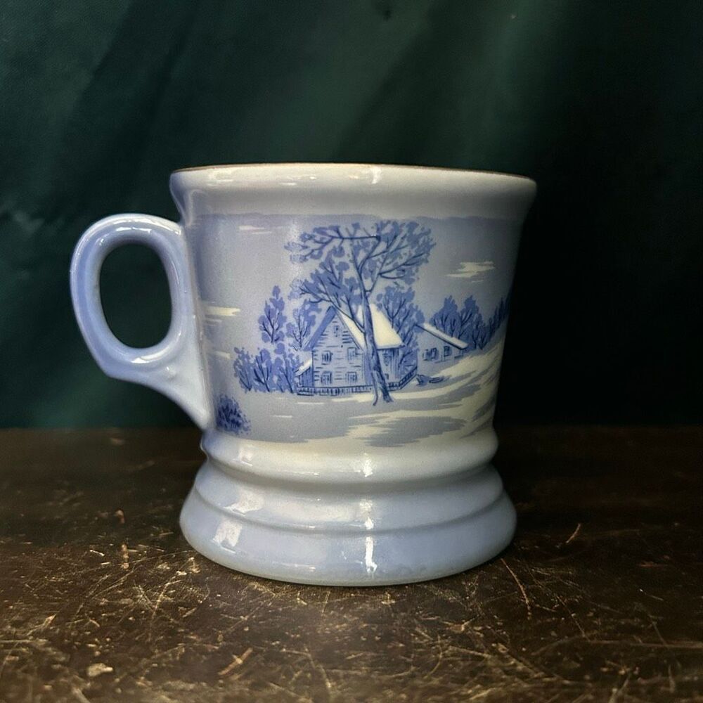 Vintage Currier & Ives The Homestead In Winter Blue Porcelain Shaving Cup Mug - Picture 4 of 7